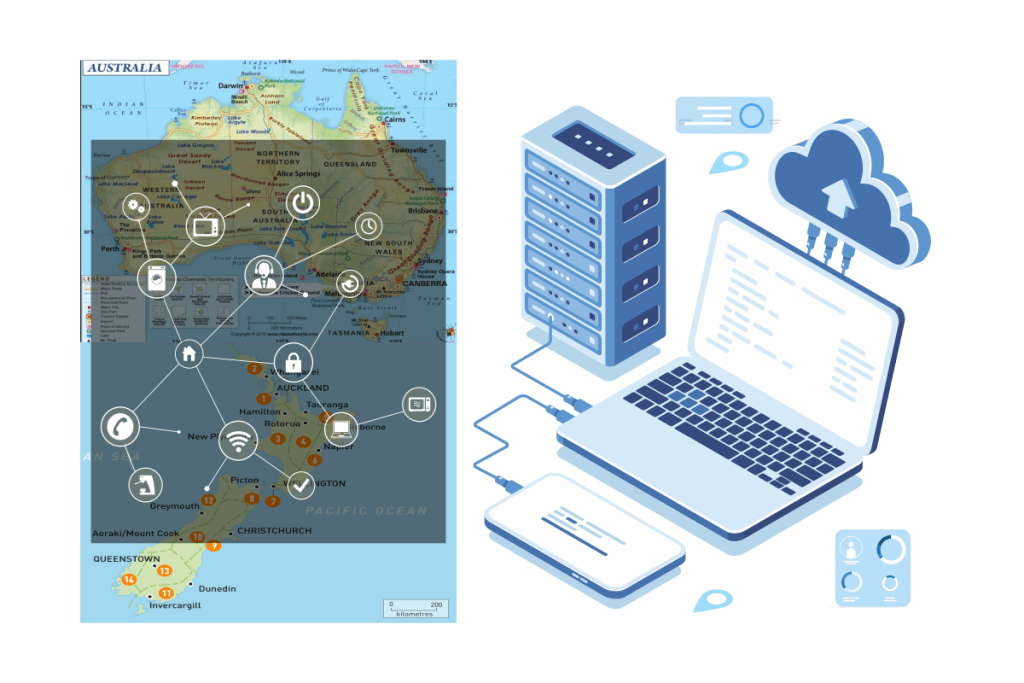 Map of Australia and New Zealand with cloud computing and server illustration.