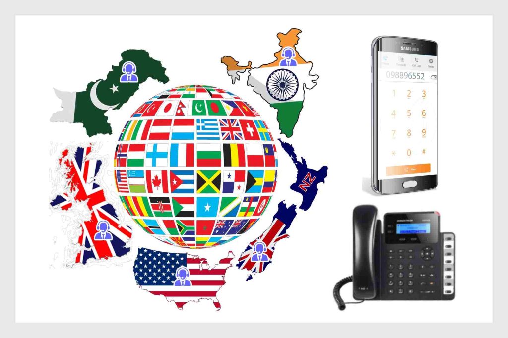 Global map with flags and communication devices representing VNDPBX international connectivity.