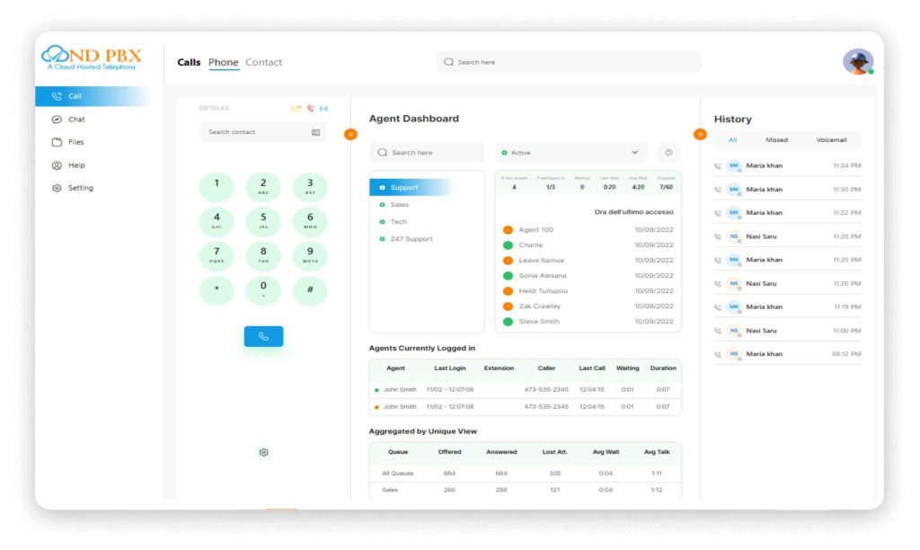 VNDPBX web-based phone dashboard showing call controls, agent activity, and call history.