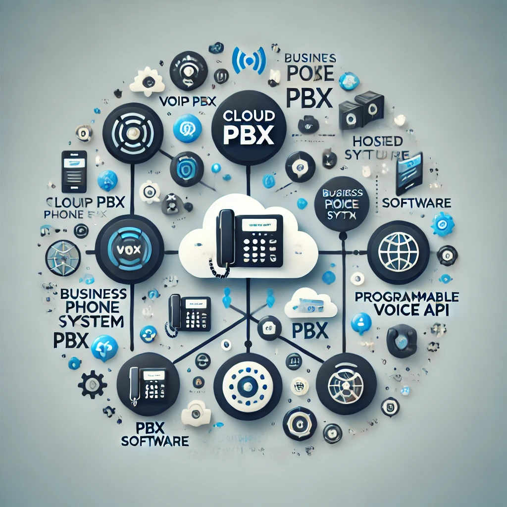 Key features of VNDPBX cloud-hosted PBX, including VoIP PBX, Hosted PBX, Business Phone System, PBX Software, and Programmable Voice API.