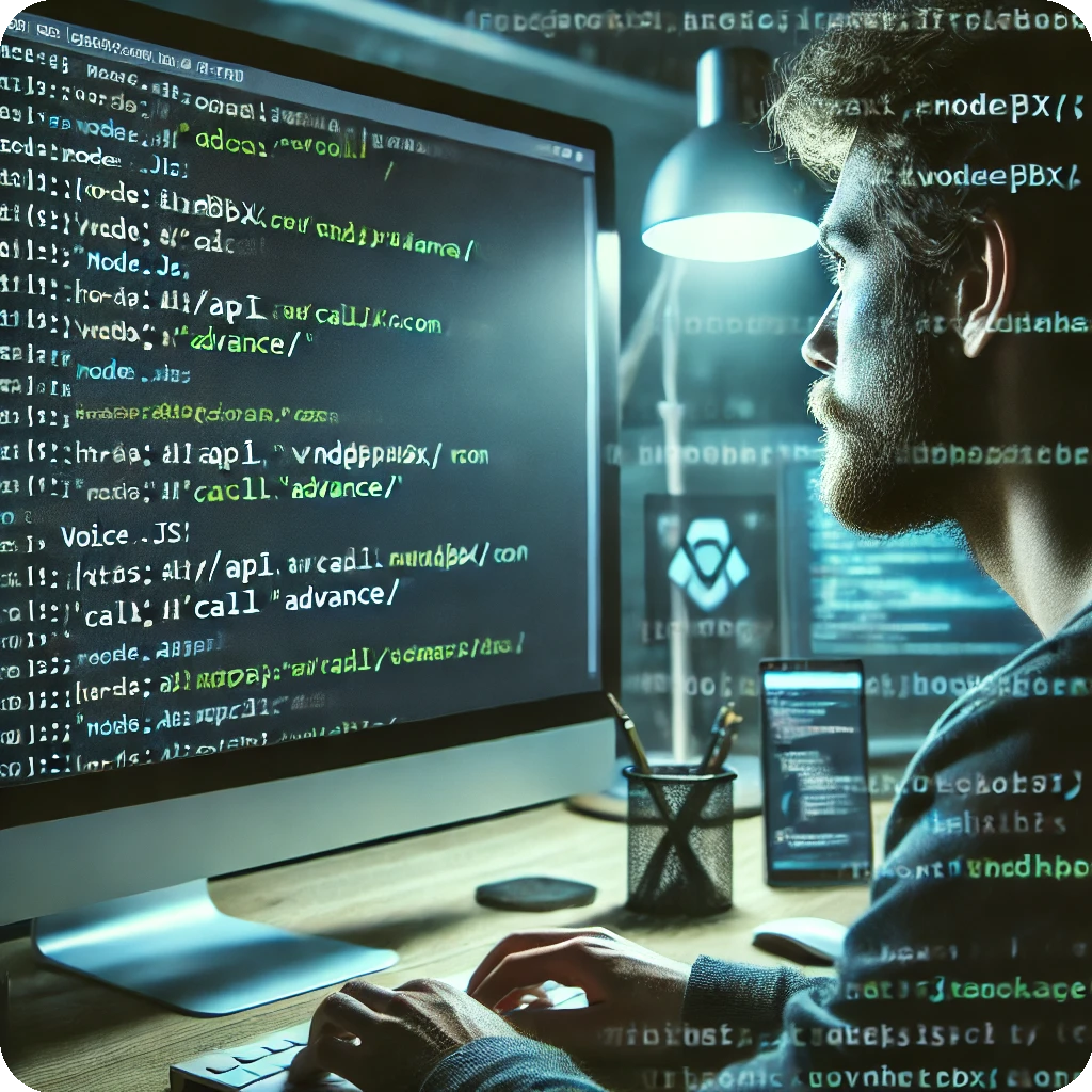 Developer programming in Node.js with Voice API integration using VNDPBX, showing code and API interaction.